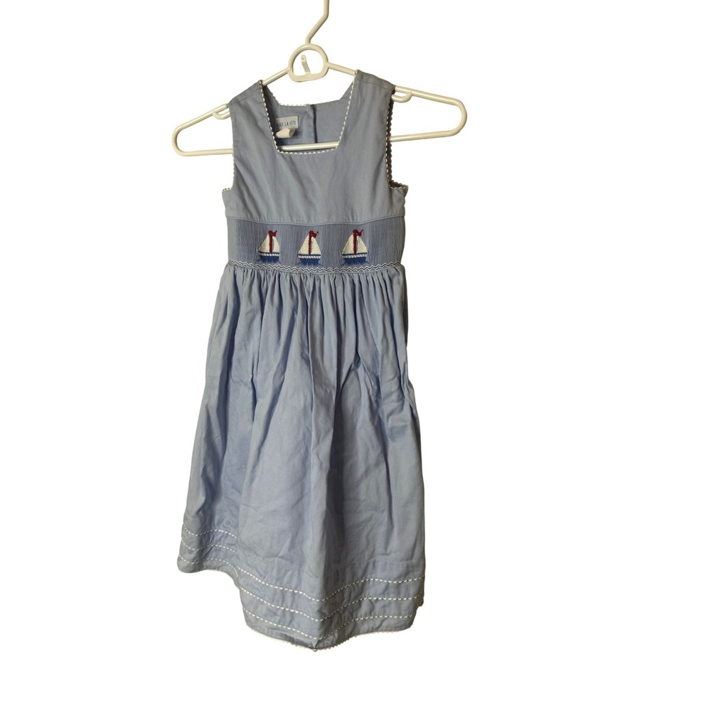 Vive La Fete Dress Girls 5 Blue Sailboat Smocked Sleeveless‎ Nautical Bow Summer